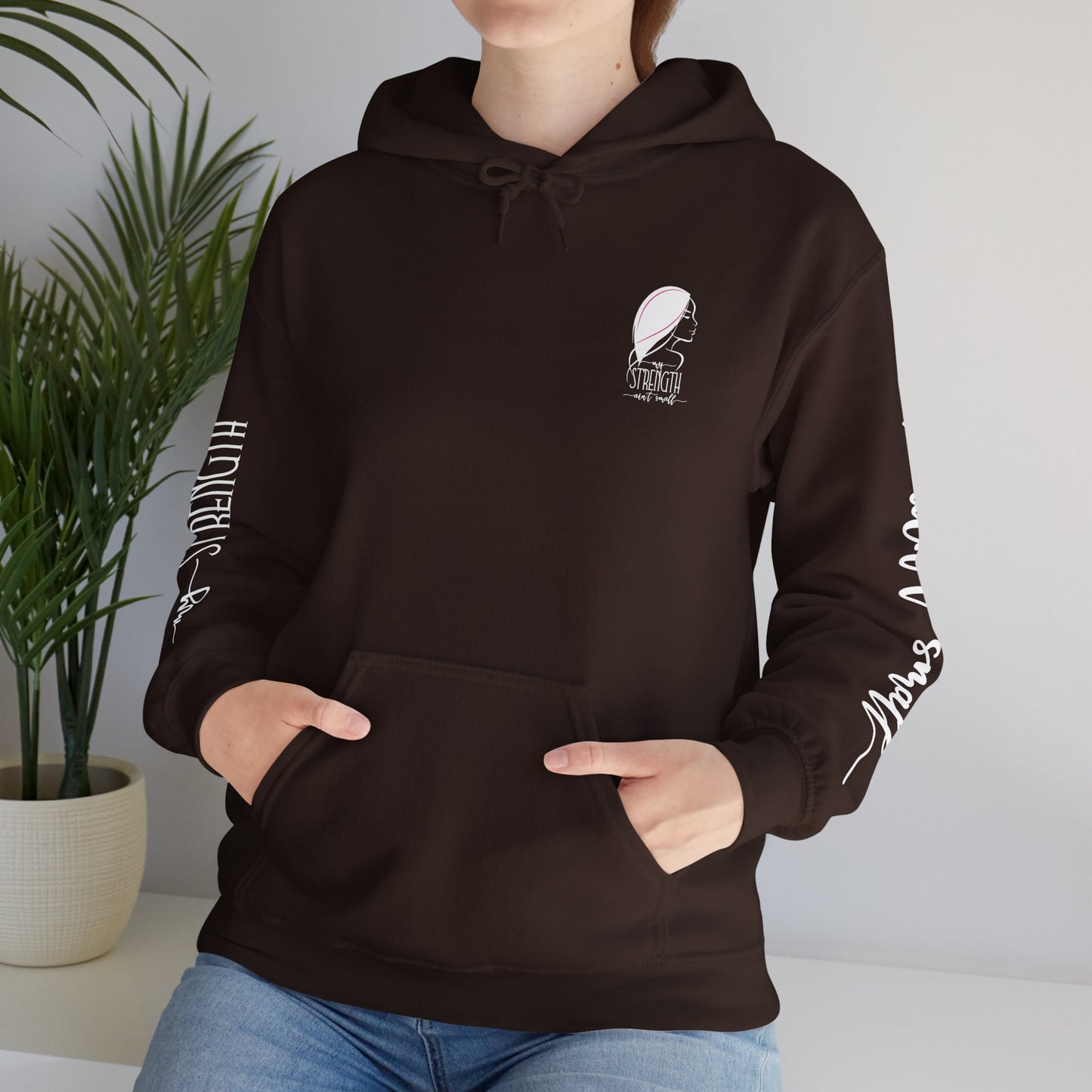 my strength ain’t small sleeve white empowering women’s hoodie - for classy & resilient women