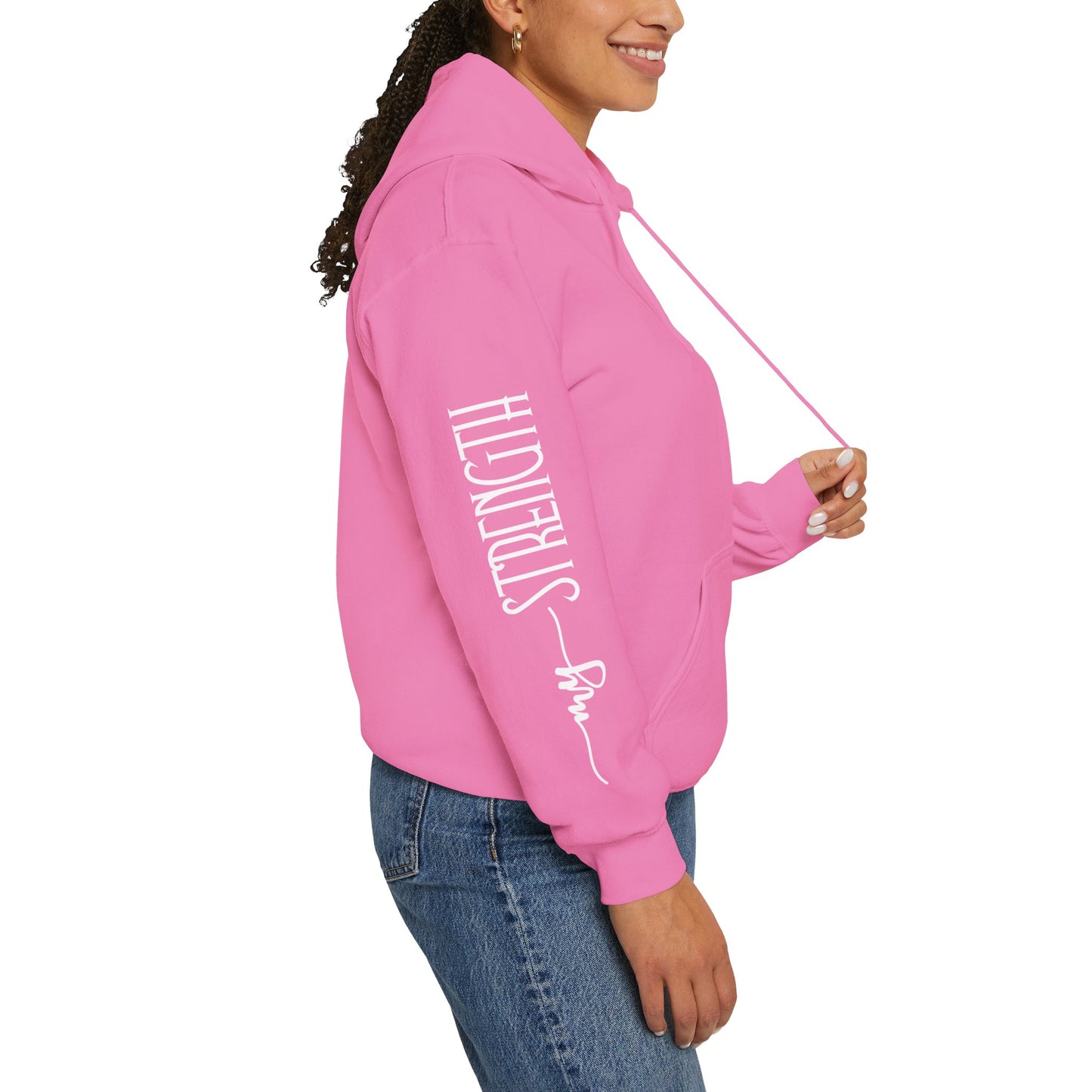 my strength ain’t small sleeve white empowering women’s hoodie - for classy & resilient women