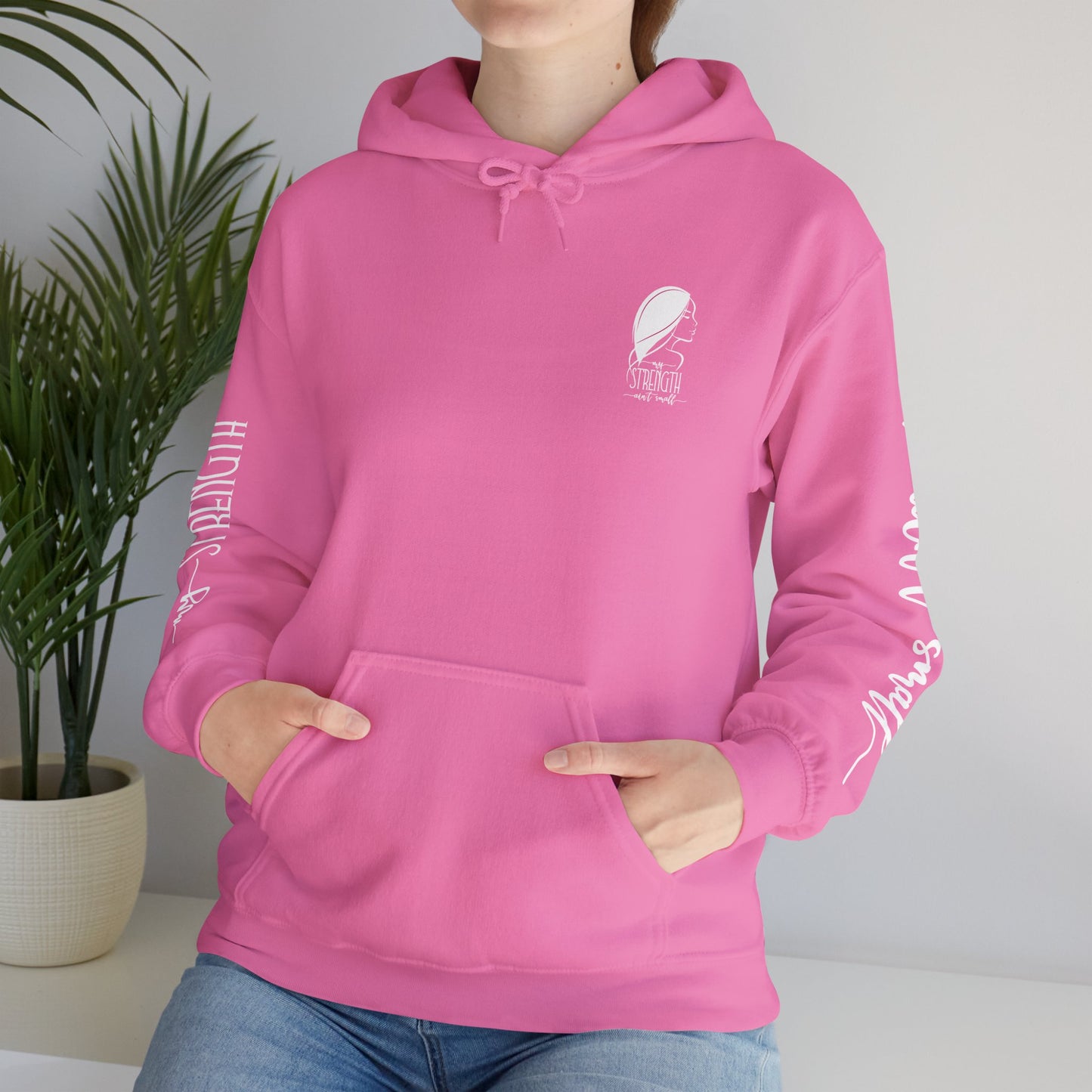 my strength ain’t small sleeve white empowering women’s hoodie - for classy & resilient women