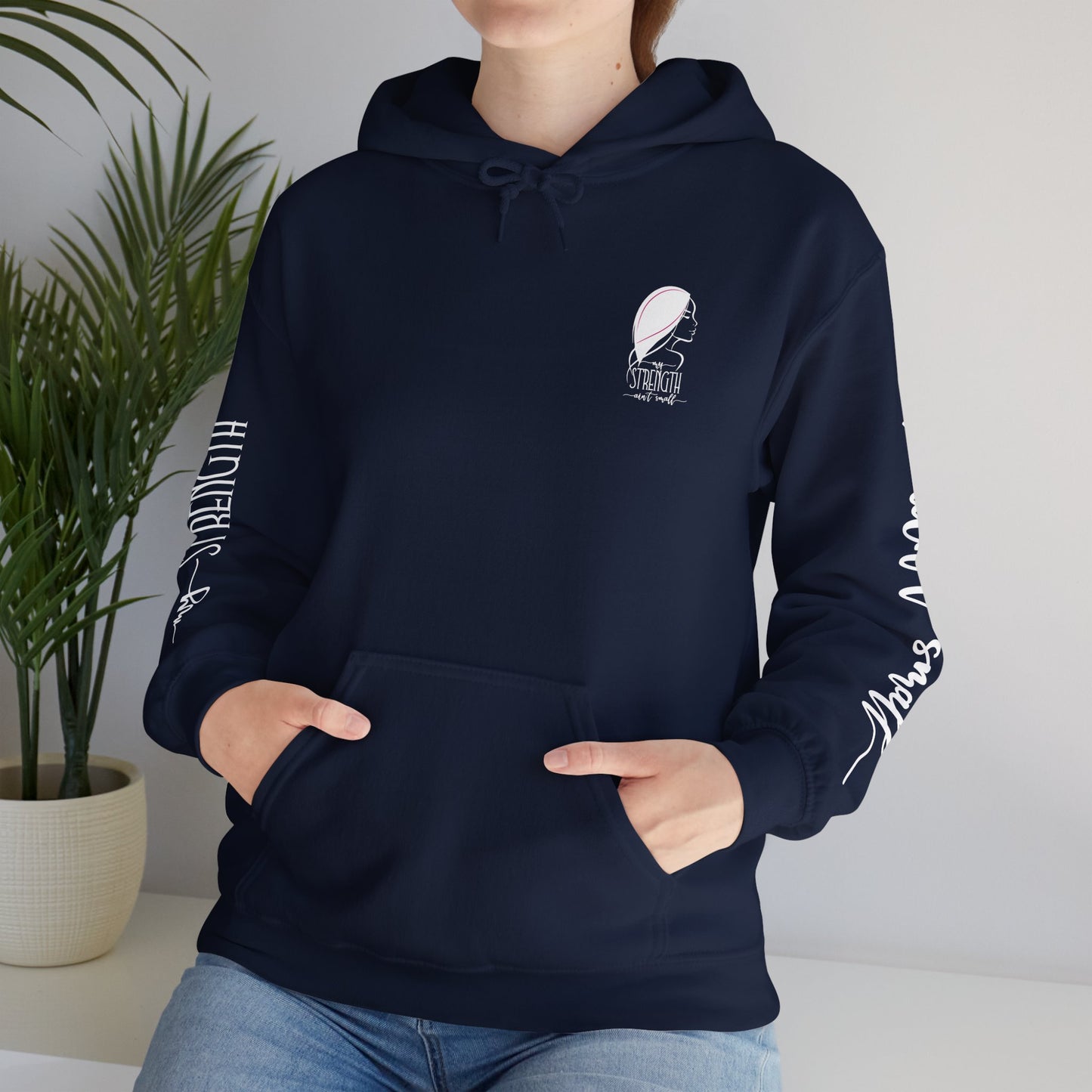 my strength ain’t small sleeve white empowering women’s hoodie - for classy & resilient women