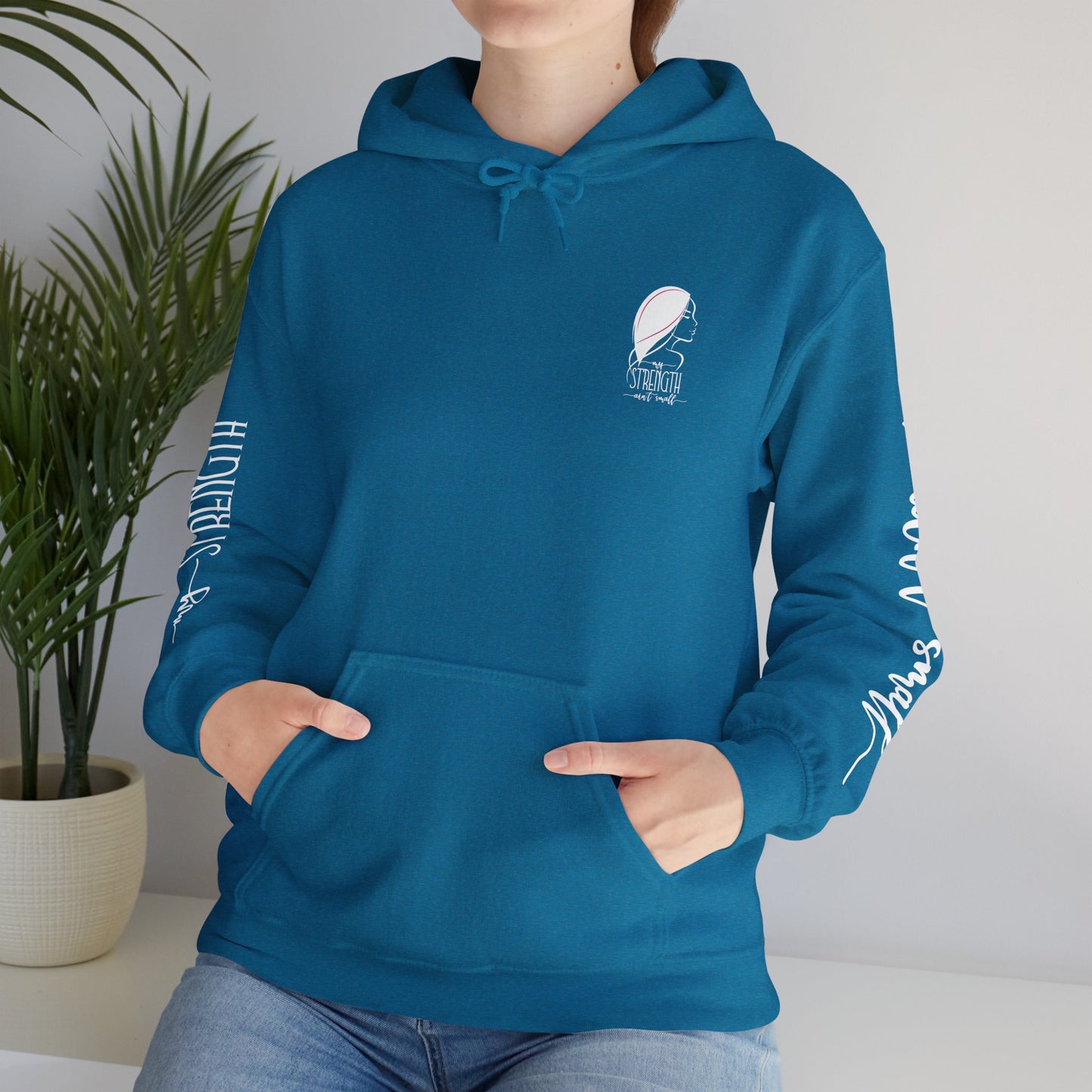 my strength ain’t small sleeve white empowering women’s hoodie - for classy & resilient women