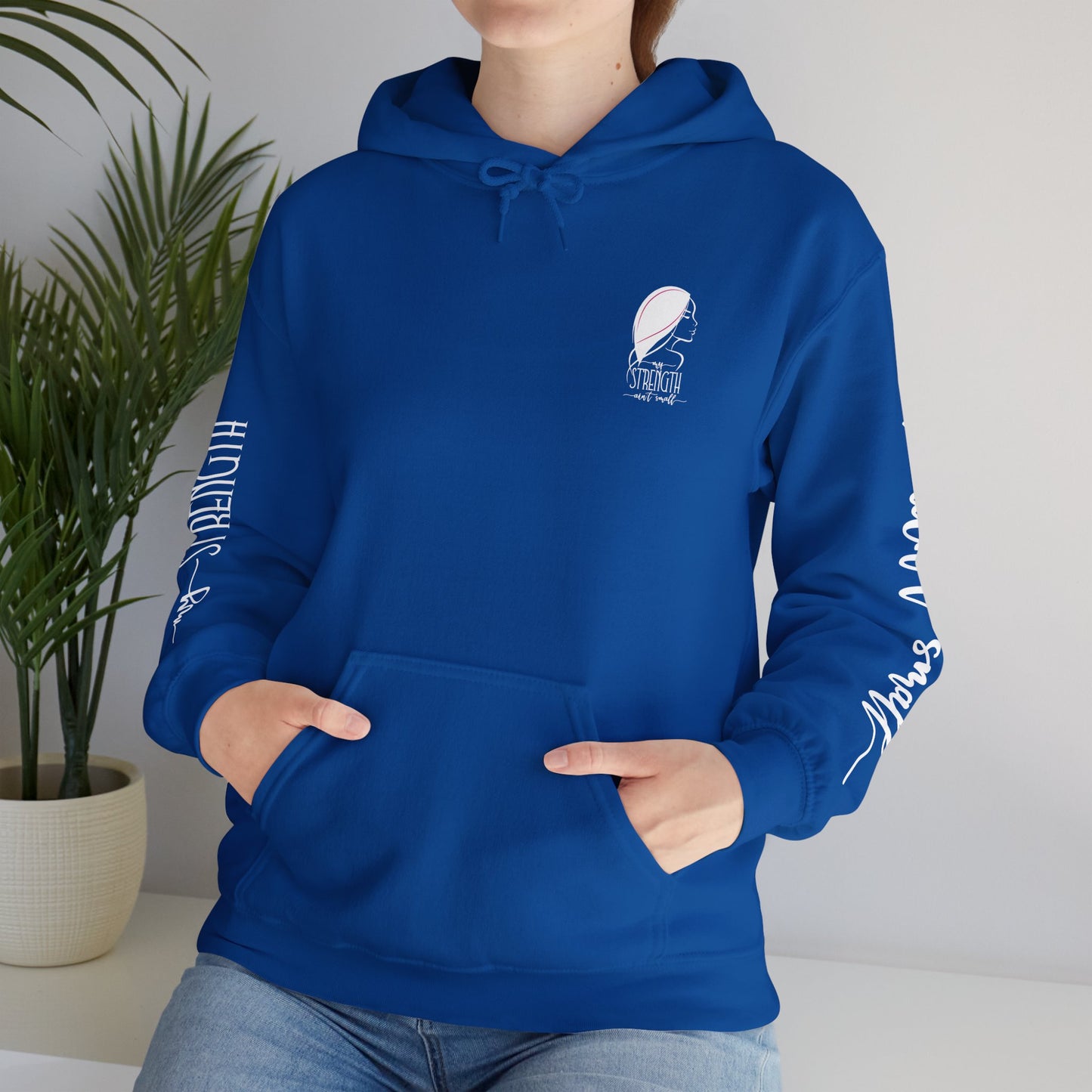 my strength ain’t small sleeve white empowering women’s hoodie - for classy & resilient women