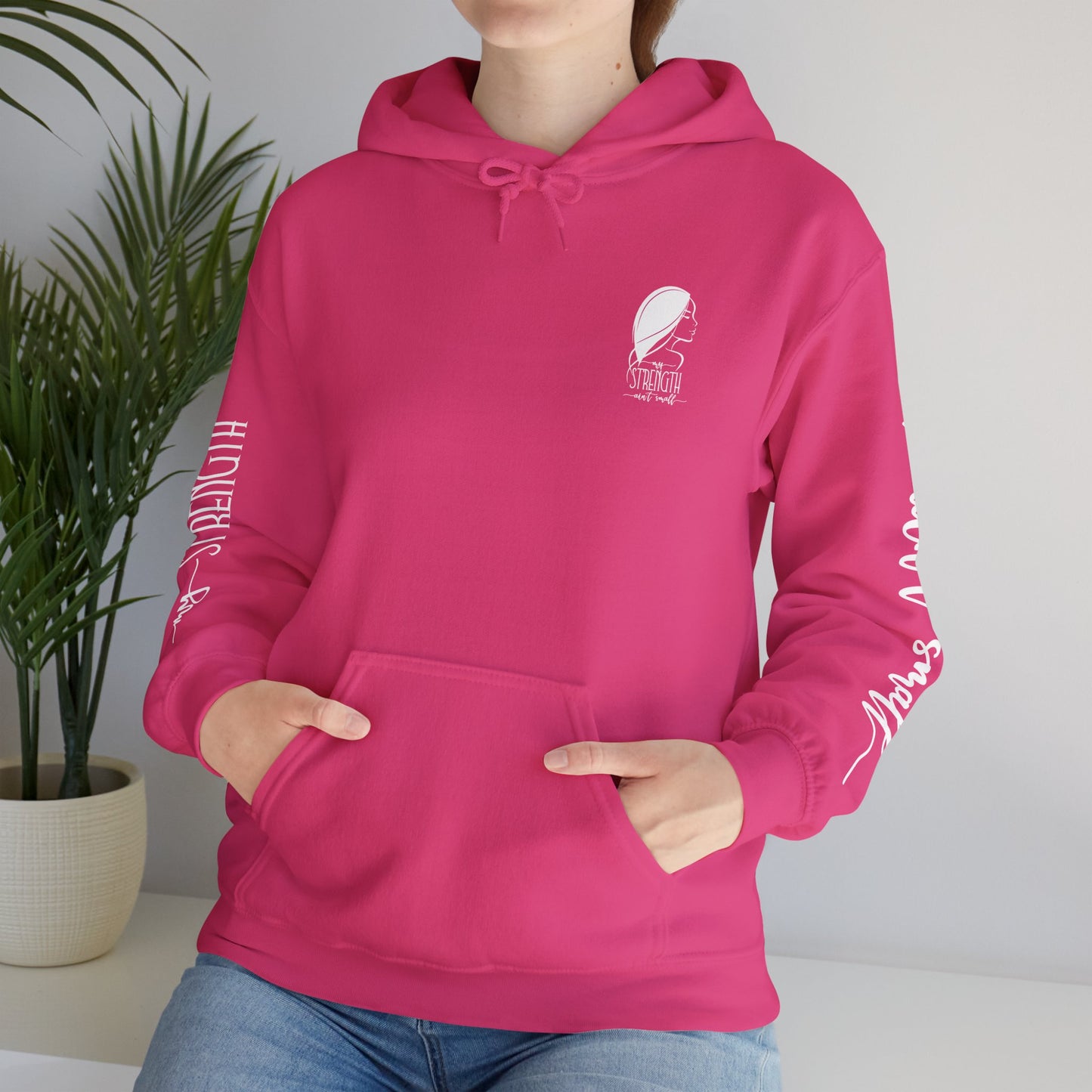 my strength ain’t small sleeve white empowering women’s hoodie - for classy & resilient women
