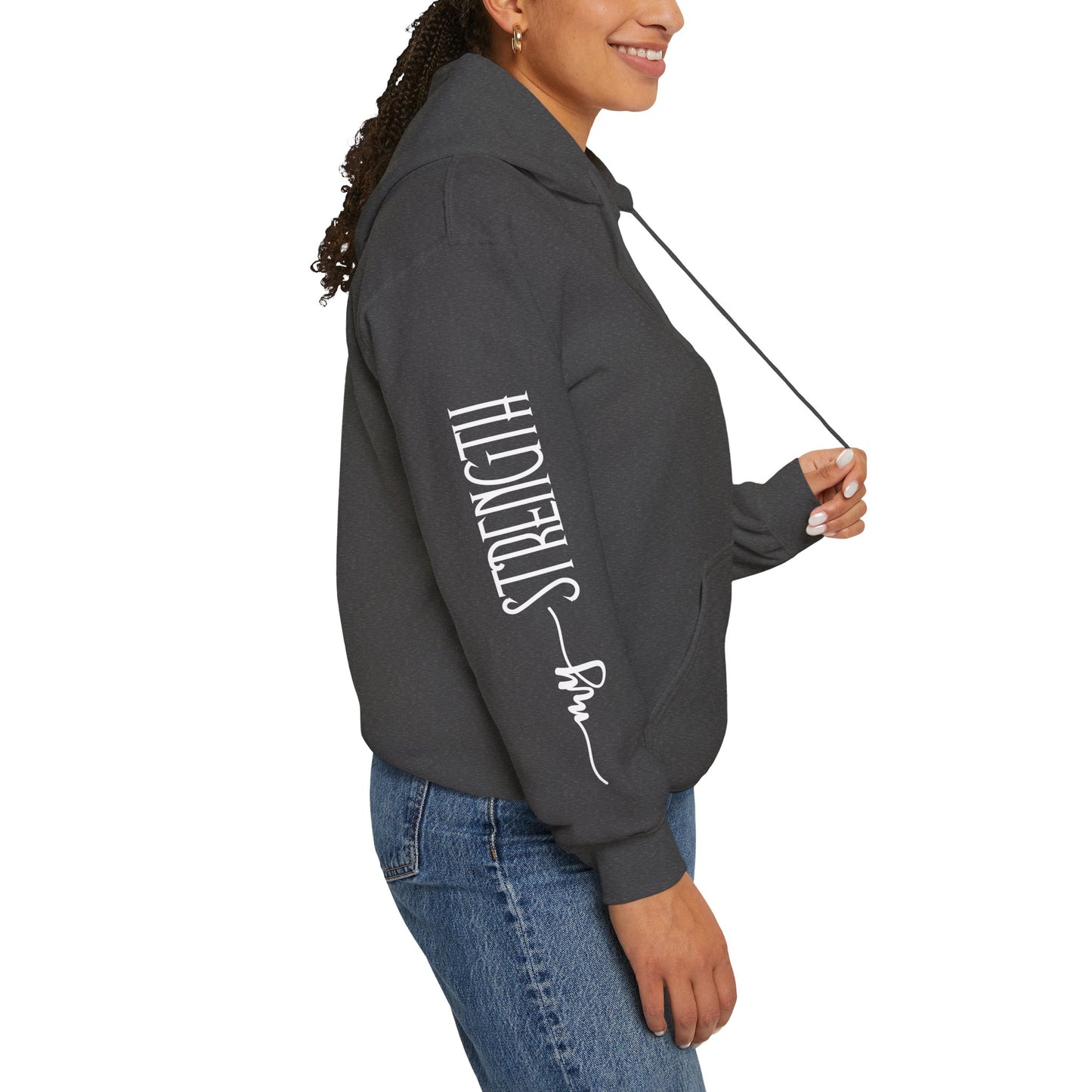 my strength ain’t small sleeve white empowering women’s hoodie - for classy & resilient women