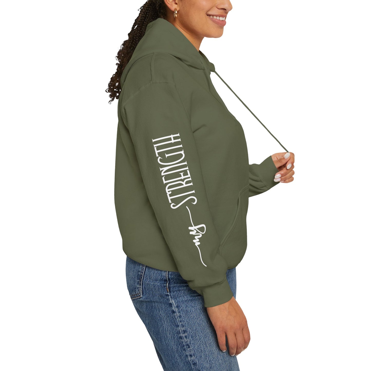 my strength ain’t small sleeve white empowering women’s hoodie - for classy & resilient women