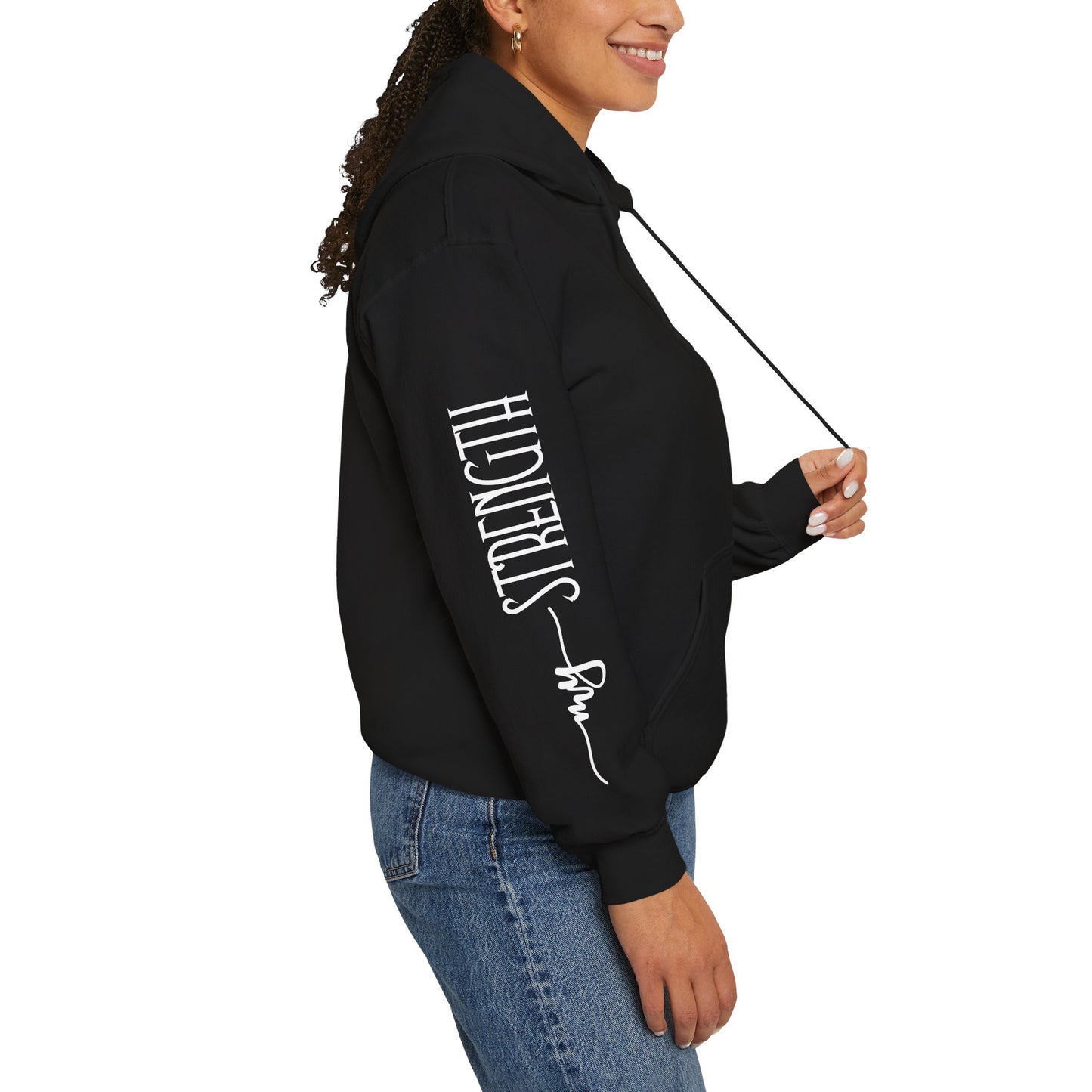 my strength ain’t small sleeve white empowering women’s hoodie - for classy & resilient women