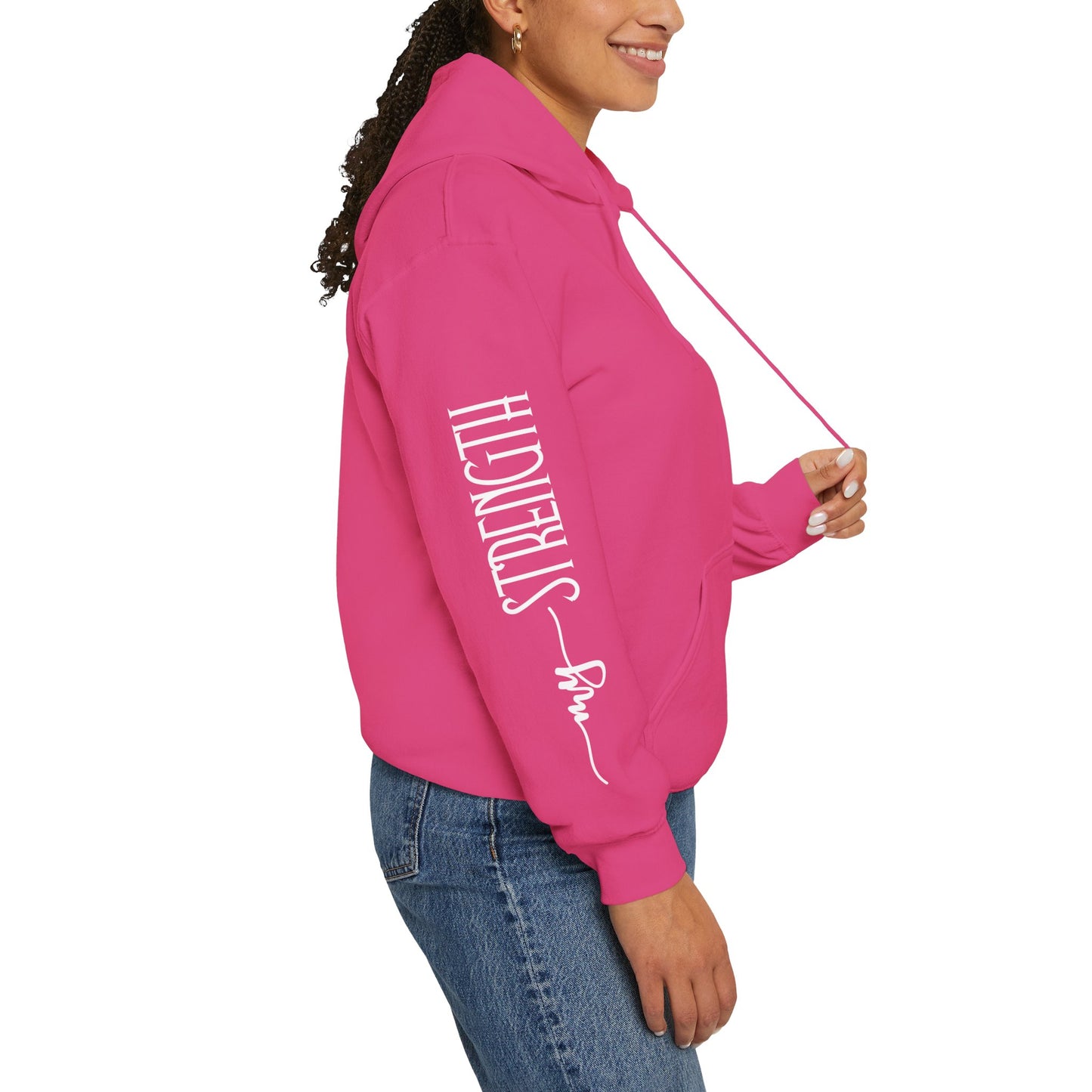 my strength ain’t small sleeve white empowering women’s hoodie - for classy & resilient women