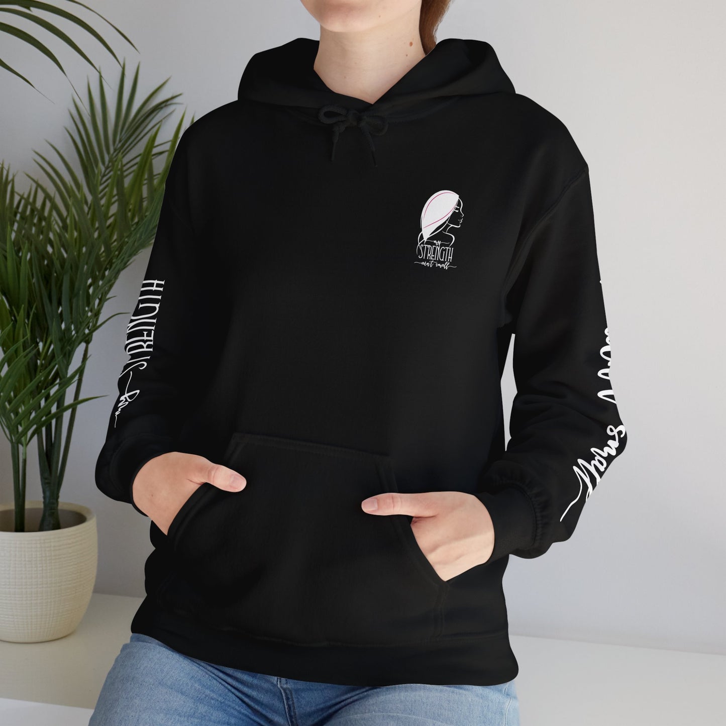 my strength ain’t small sleeve white empowering women’s hoodie - for classy & resilient women