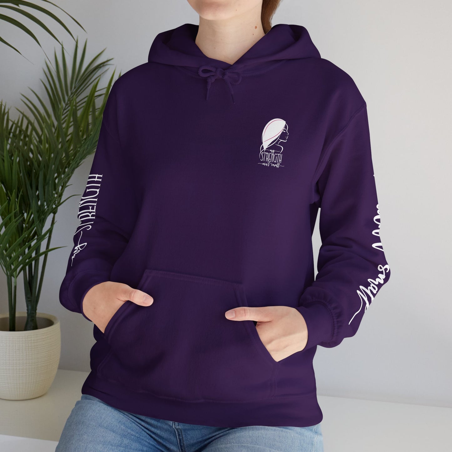 my strength ain’t small sleeve white empowering women’s hoodie - for classy & resilient women