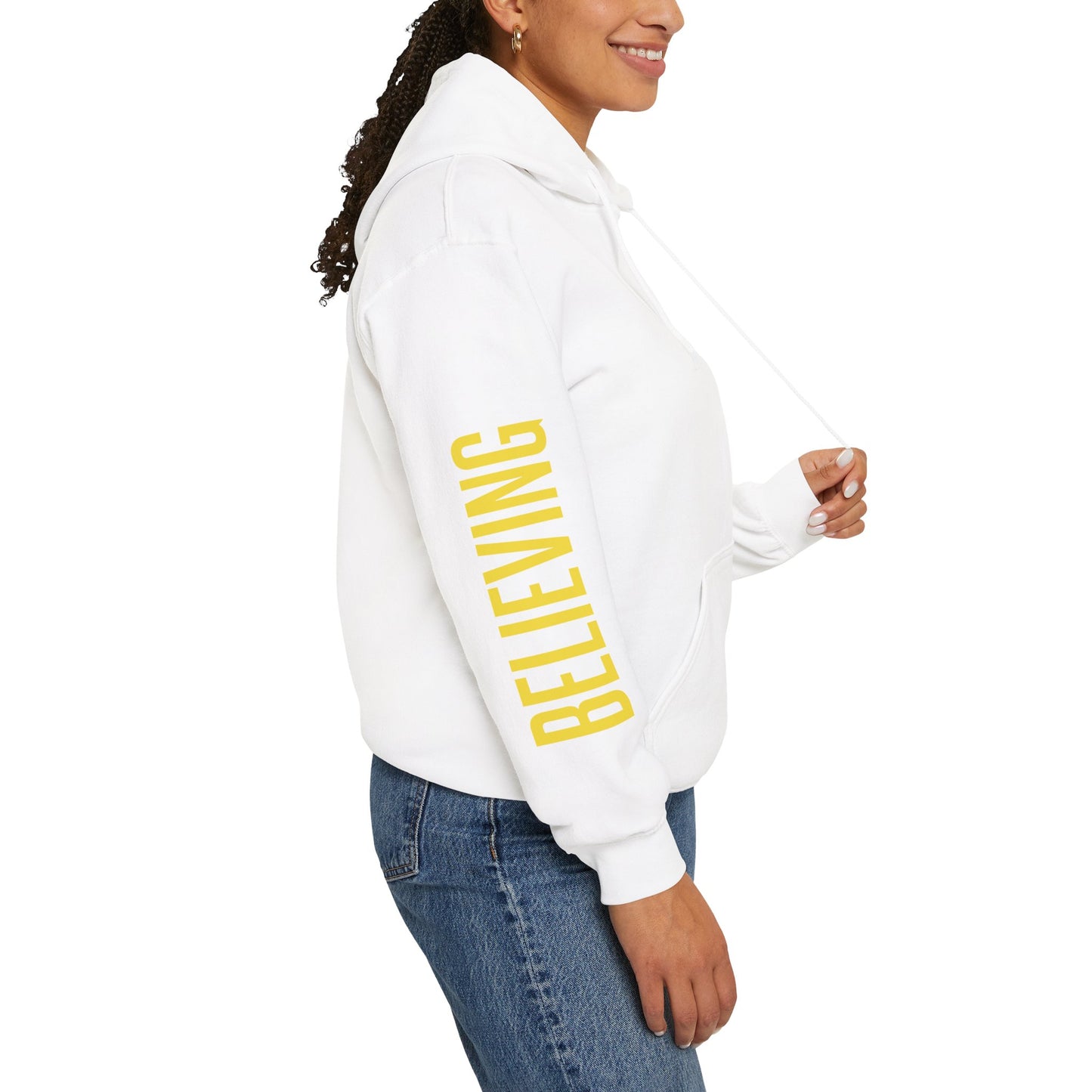 believing god sleeve yellow unisex heavy blend™ hooded sweatshirt