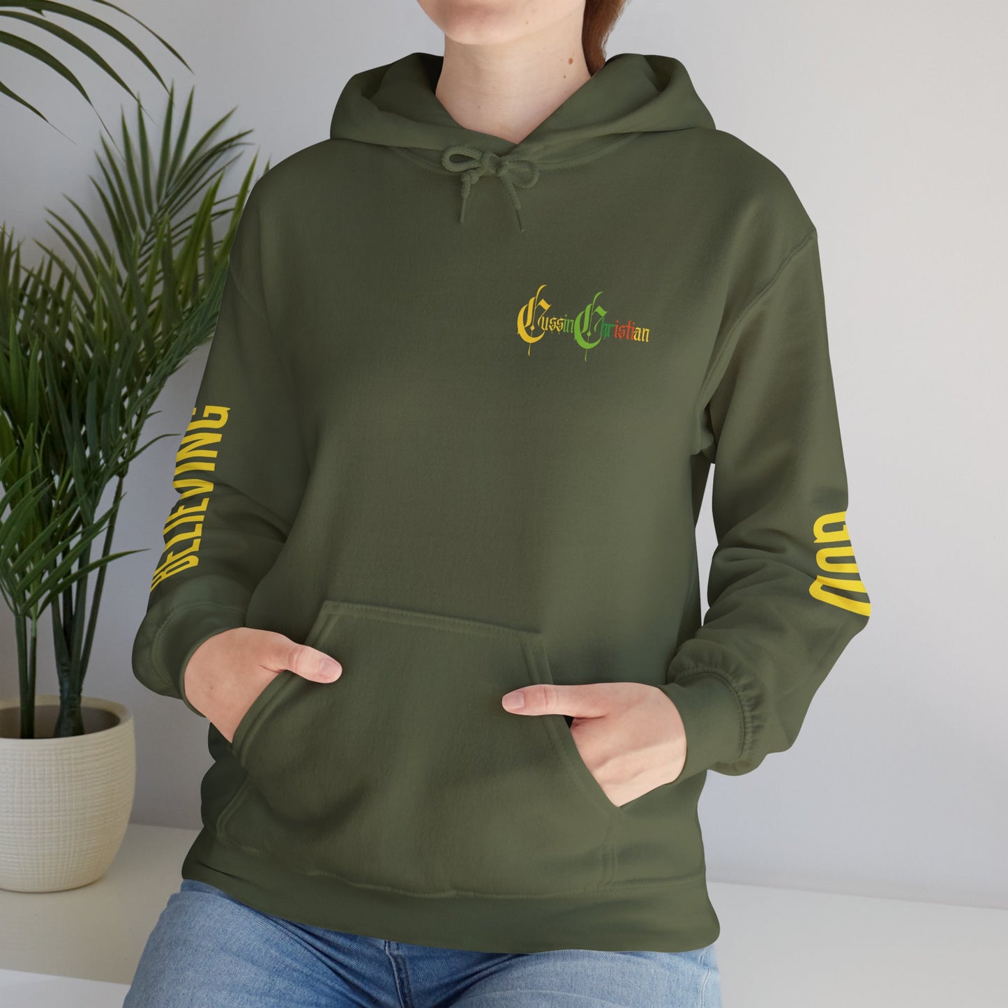 believing god sleeve yellow unisex heavy blend™ hooded sweatshirt