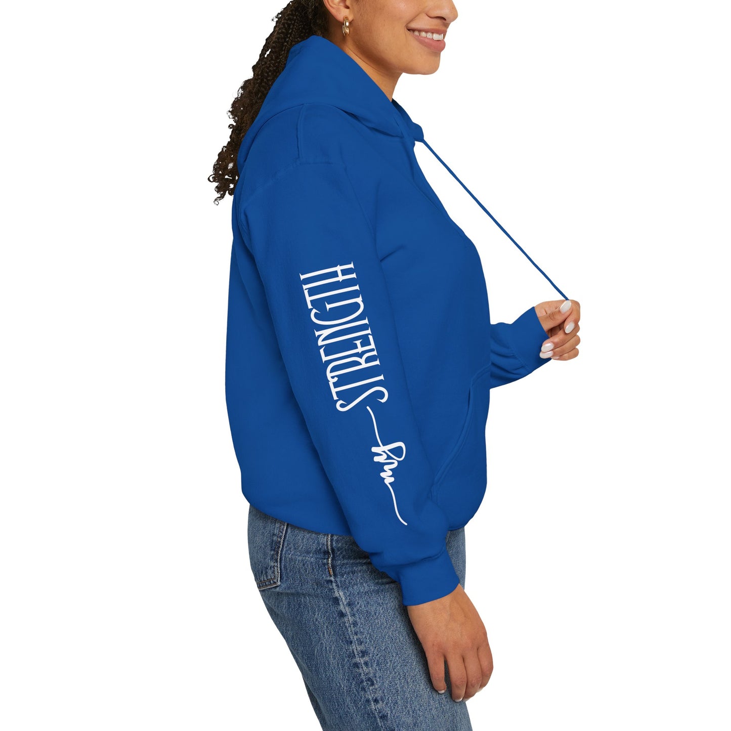 my strength ain’t small sleeve white empowering women’s hoodie - for classy & resilient women