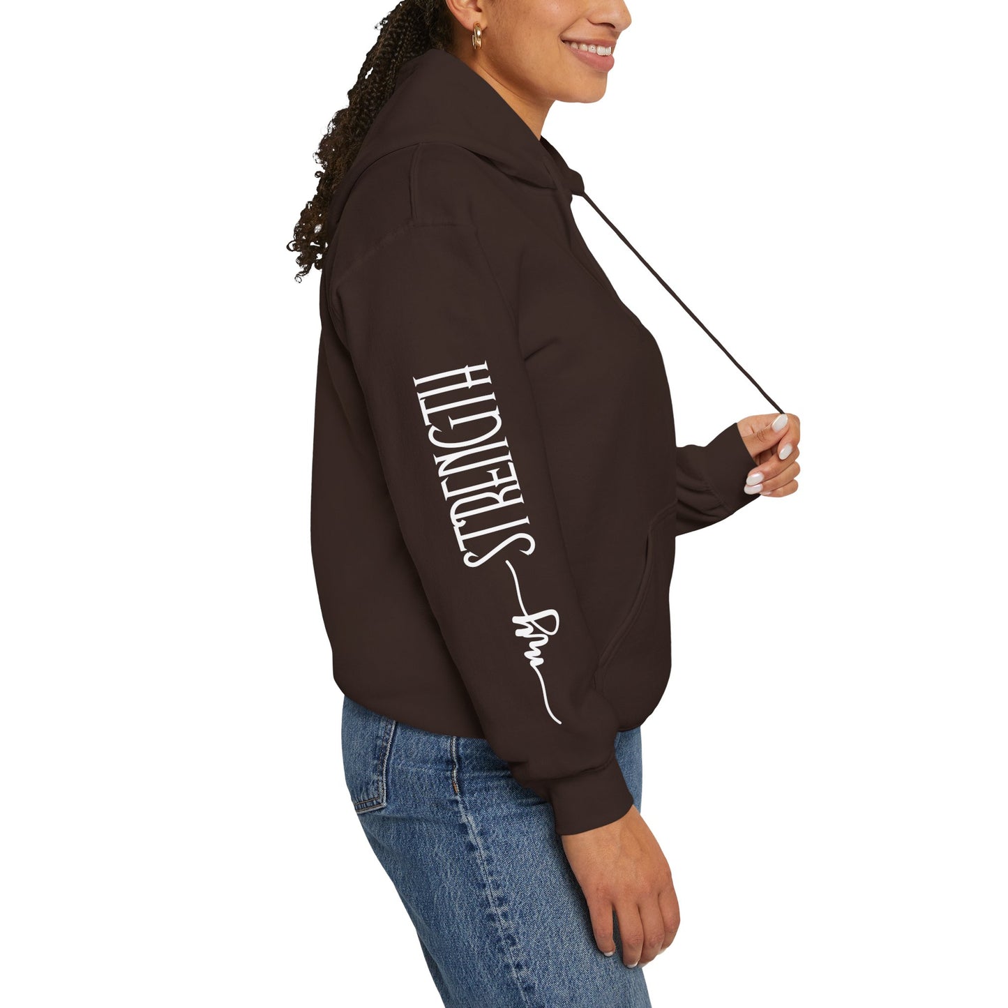 my strength ain’t small sleeve white empowering women’s hoodie - for classy & resilient women