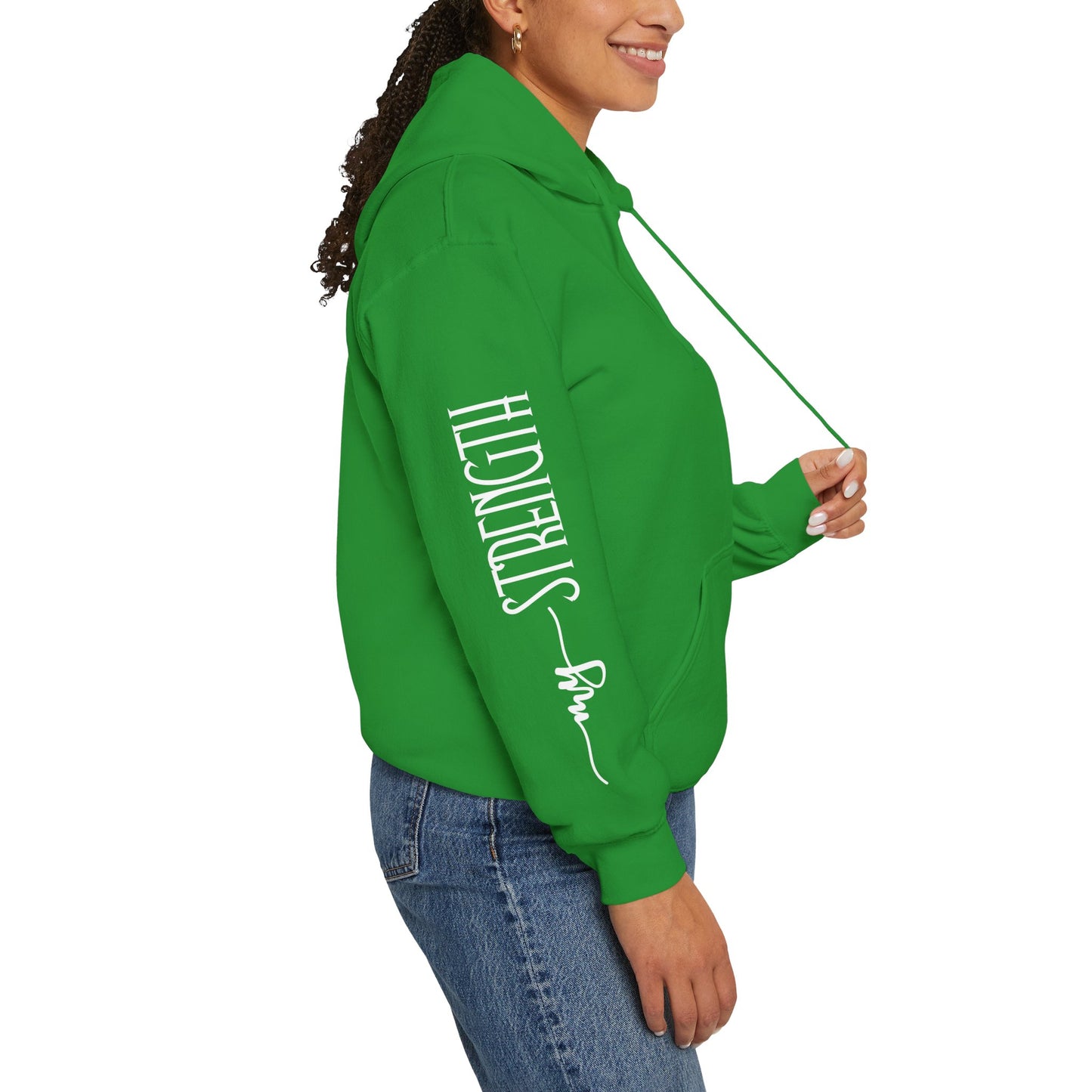 my strength ain’t small sleeve white empowering women’s hoodie - for classy & resilient women