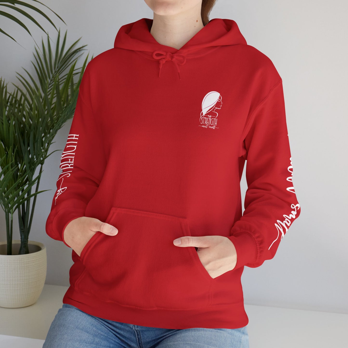 my strength ain’t small sleeve white empowering women’s hoodie - for classy & resilient women