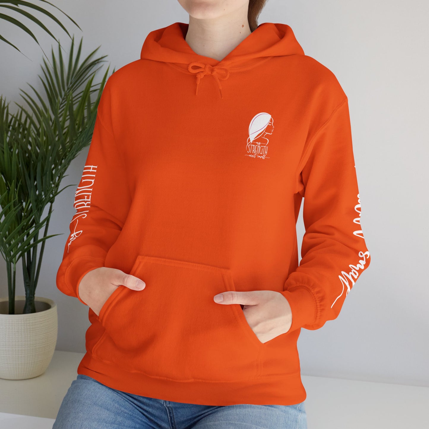 my strength ain’t small sleeve white empowering women’s hoodie - for classy & resilient women
