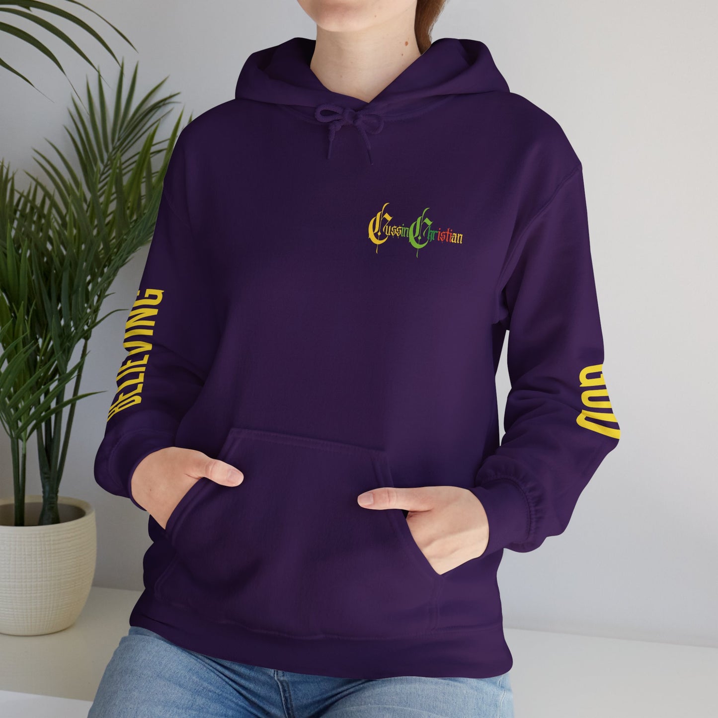 believing god sleeve yellow unisex heavy blend™ hooded sweatshirt