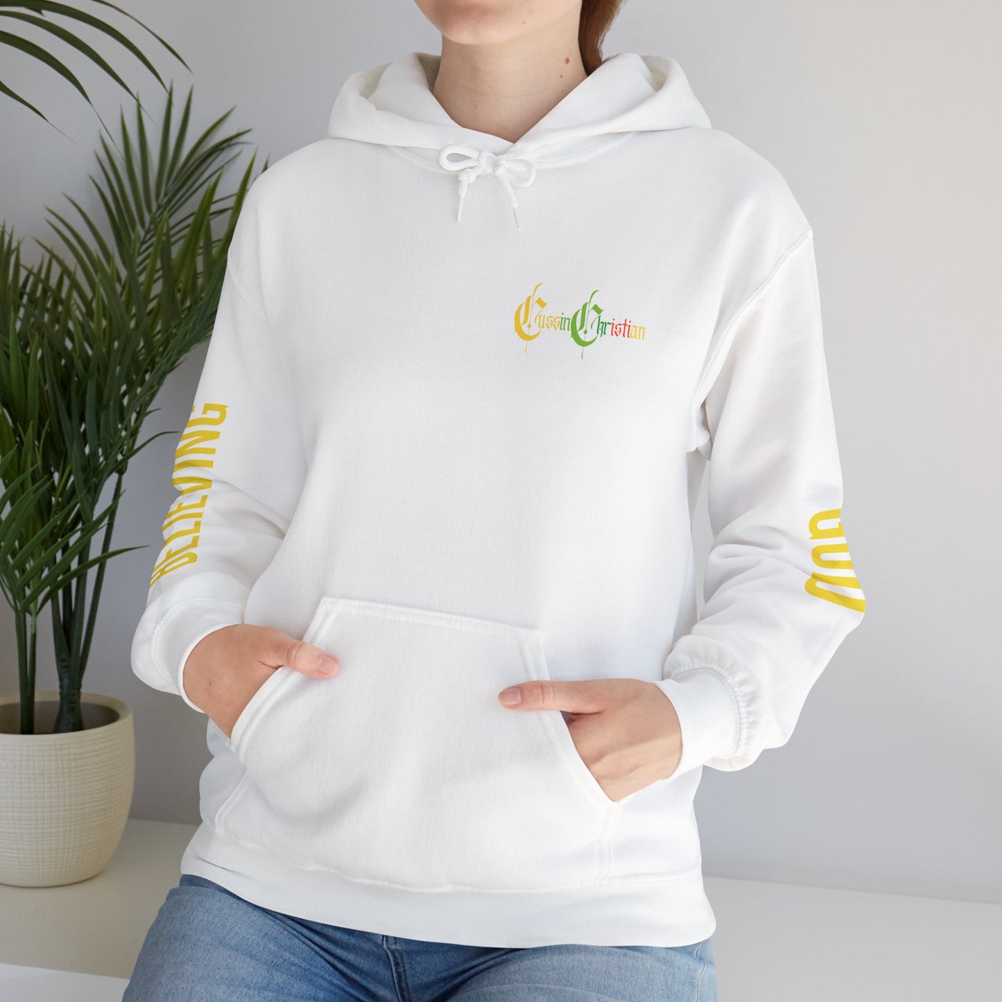 believing god sleeve yellow unisex heavy blend™ hooded sweatshirt