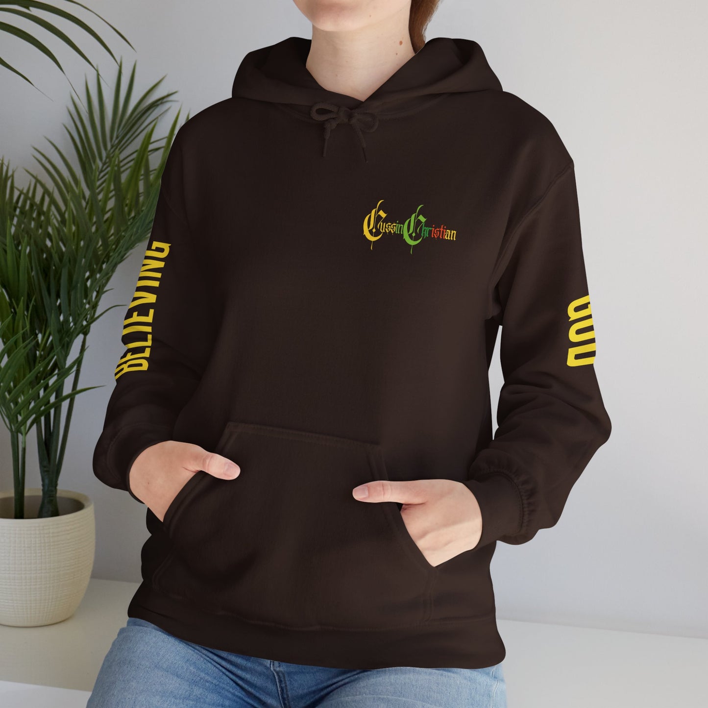 believing god sleeve yellow unisex heavy blend™ hooded sweatshirt