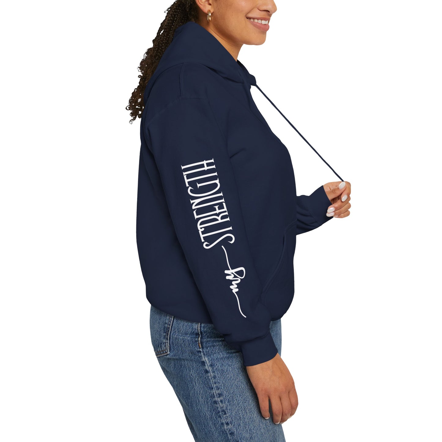my strength ain’t small sleeve white empowering women’s hoodie - for classy & resilient women