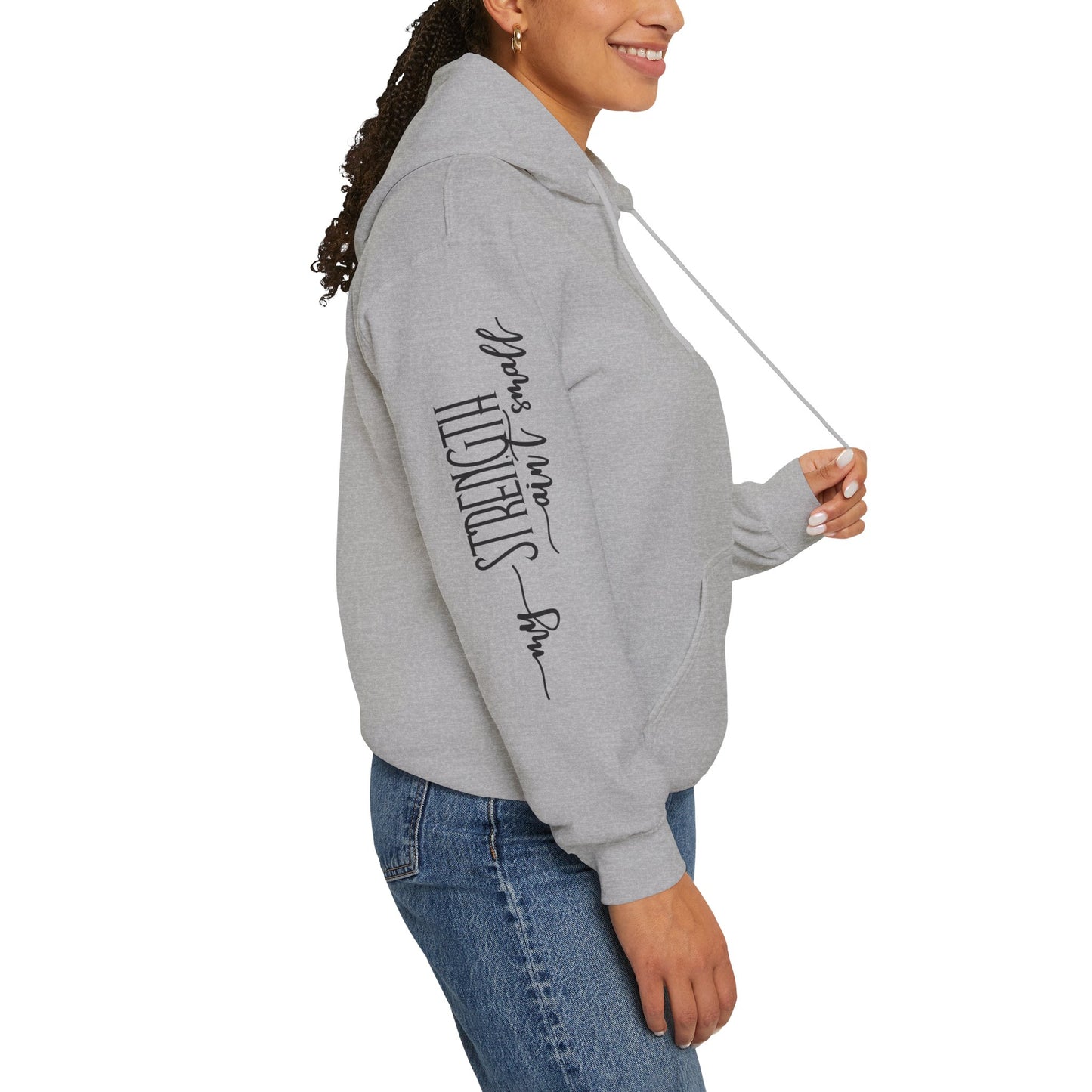 my strength ain’t small sleeve black empowering women’s hoodie - for classy & resilient women