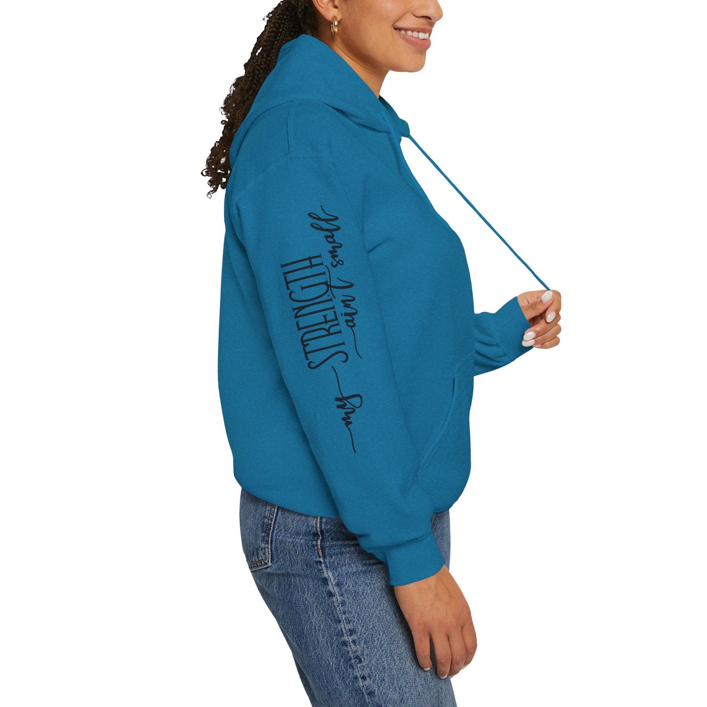 my strength ain’t small sleeve black empowering women’s hoodie - for classy & resilient women